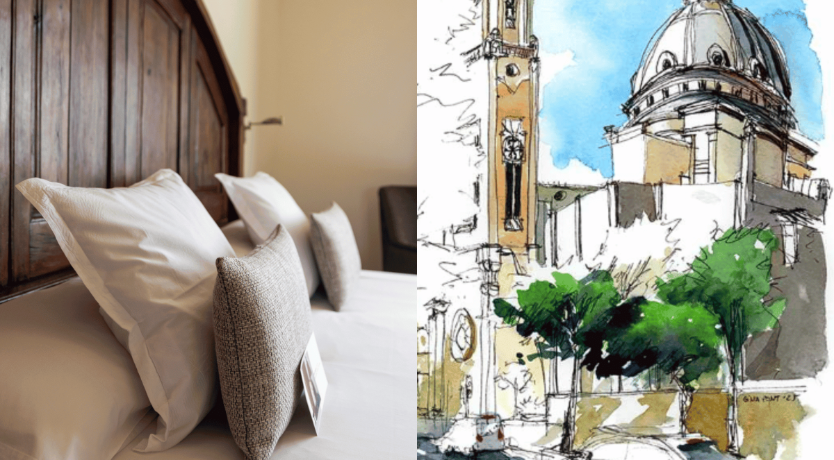 Composició de fotos d'sketches de la Gina amb llocs de l'hotel Sa Voga